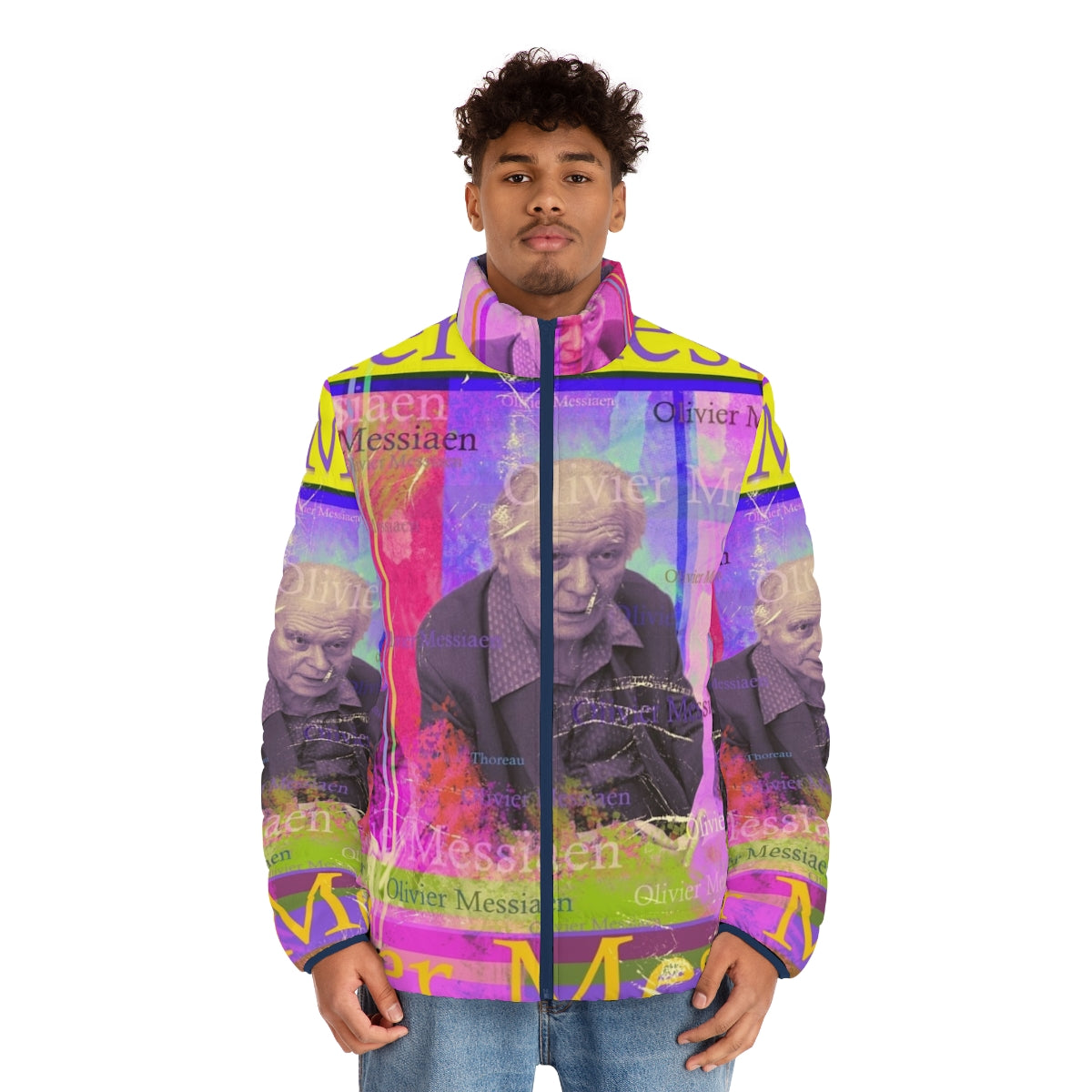 Olivier Messiaen inspired puffer jacket with avant-garde portrait design - men front