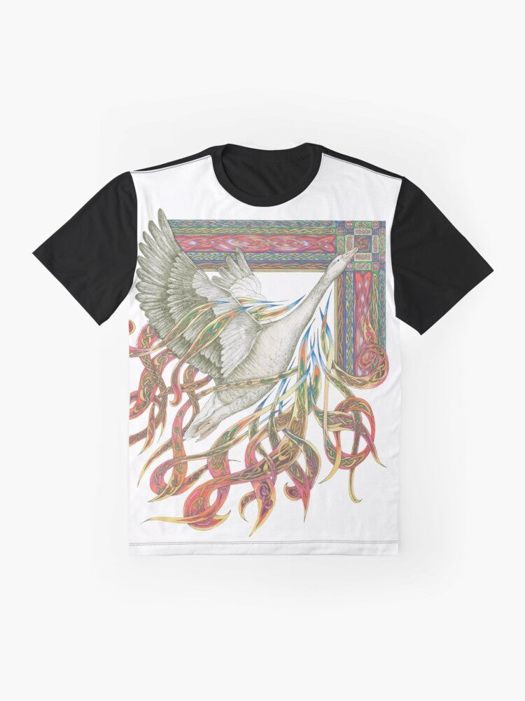 Lindisfarne Gospels inspired meditative graphic t-shirt with calligraphy and illumination design - Flat lay