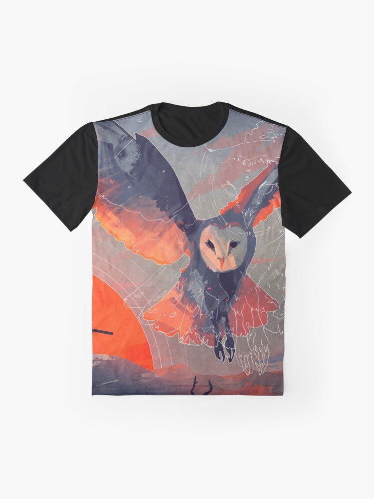 Stylized graphic t-shirt design featuring an owl hunter in a natural landscape. - Flat lay