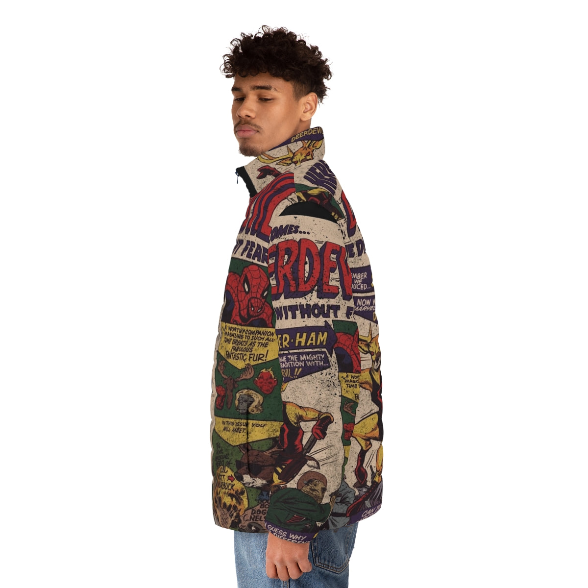 Deerdevil puffer jacket with superhero comic book inspired design - men side left