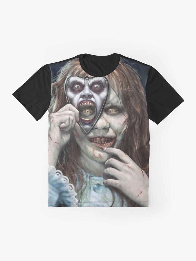 Exorcist Regan's Game Graphic T-Shirt featuring the possessed character from the horror movie - Flat lay