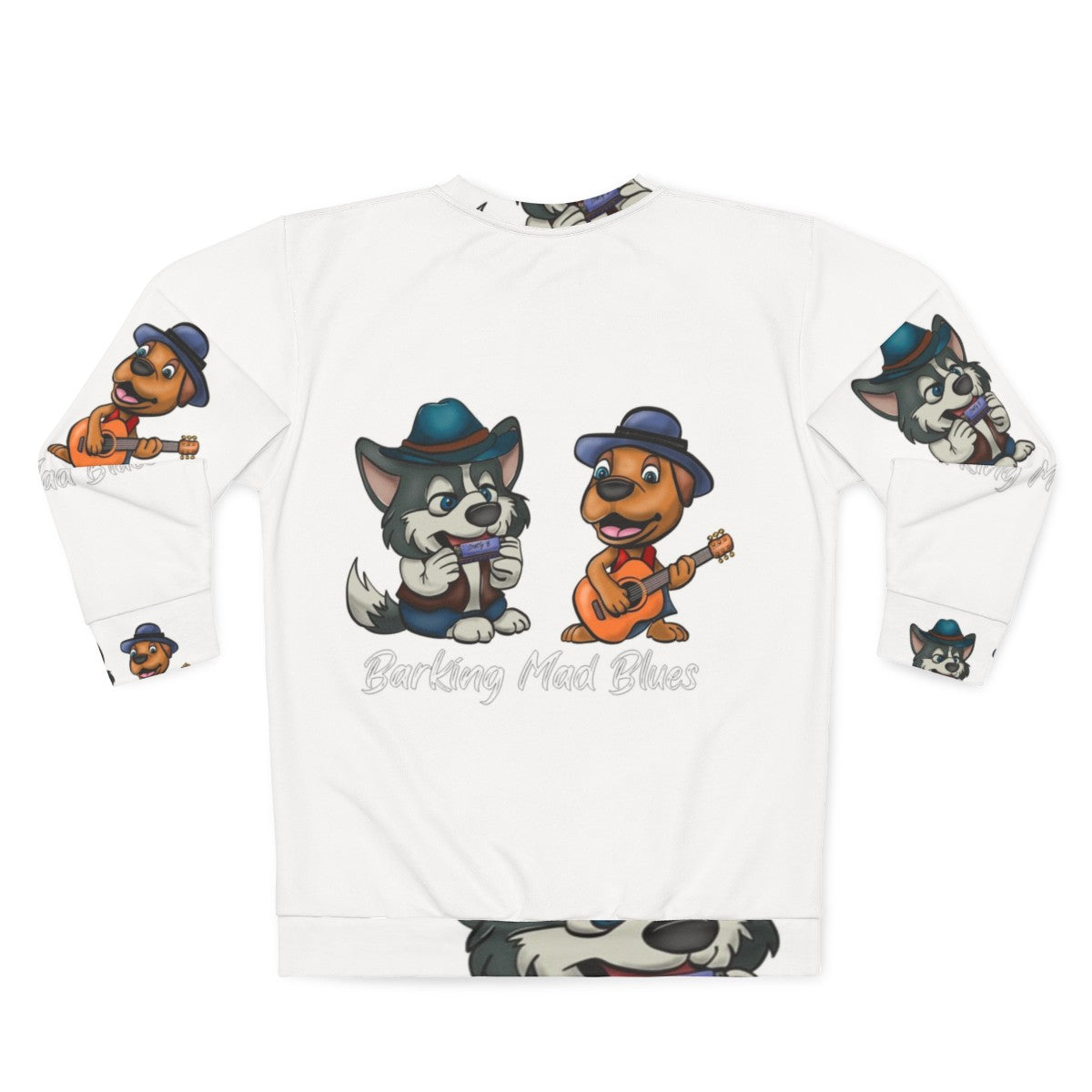 Blues sweatshirt featuring a cartoon malamute musician - Back