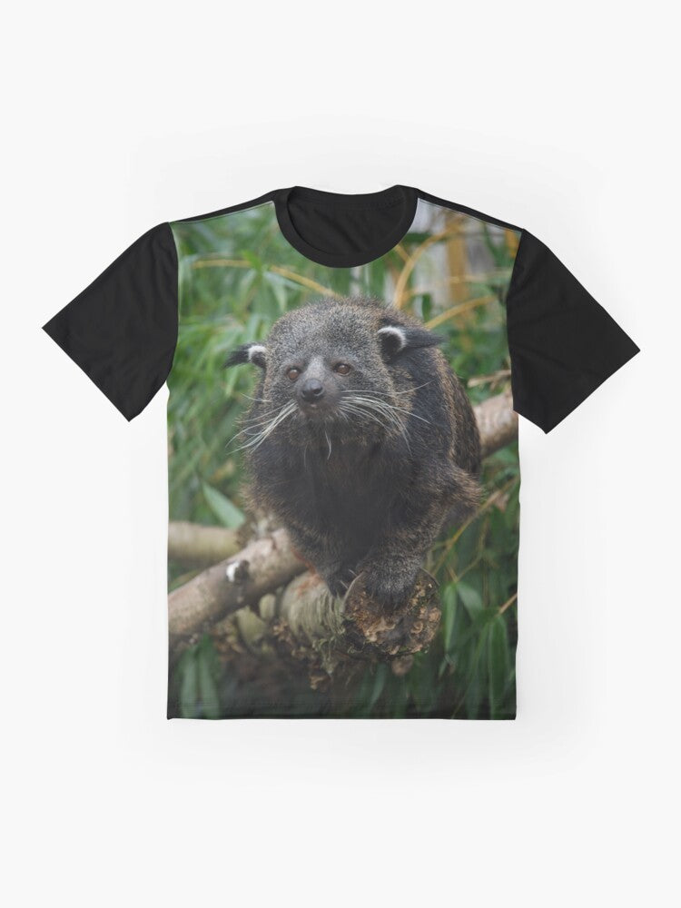 Graphic t-shirt featuring a rare and exotic binturong, also known as a bearcat, with a unique popcorn-like scent. - Flat lay