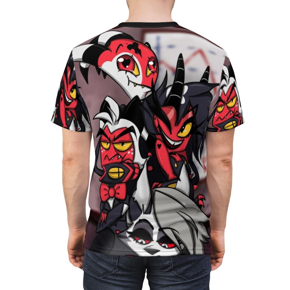 Helluva Boss inspired all-over print t-shirt featuring Vivziepop cartoon characters - men back