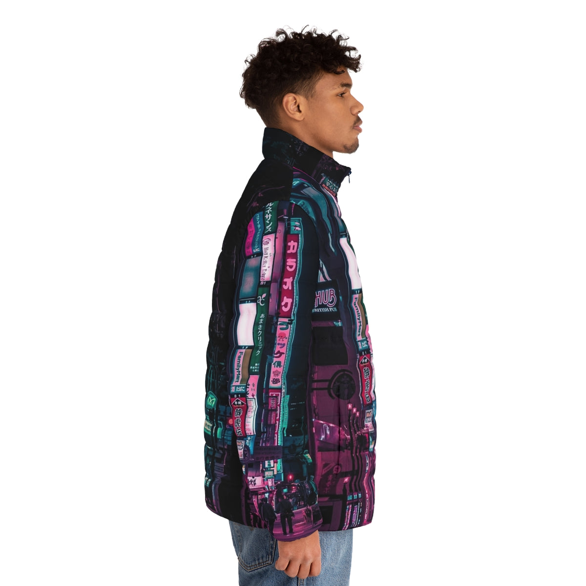 A vibrant puffer jacket with futuristic, cyberpunk-inspired design. - men side right