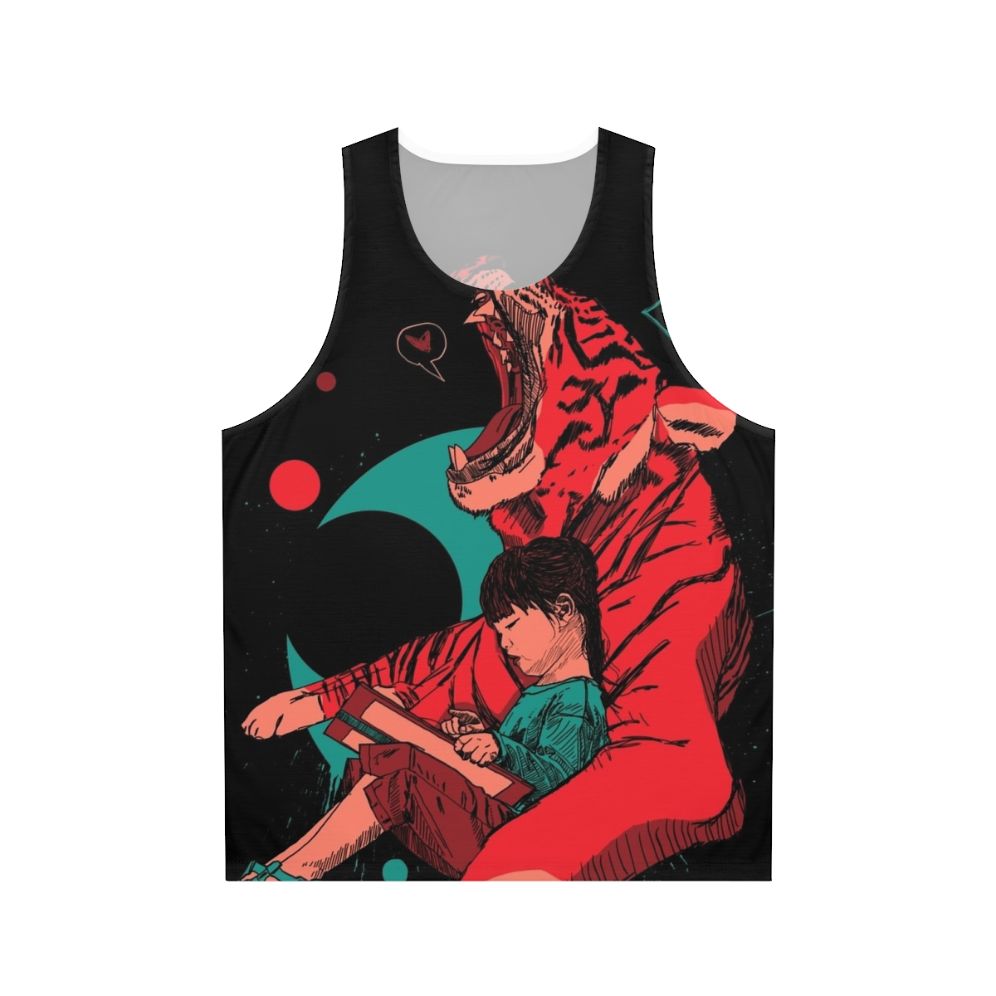 Unisex fantasy graphic tank top featuring a tiger and girl