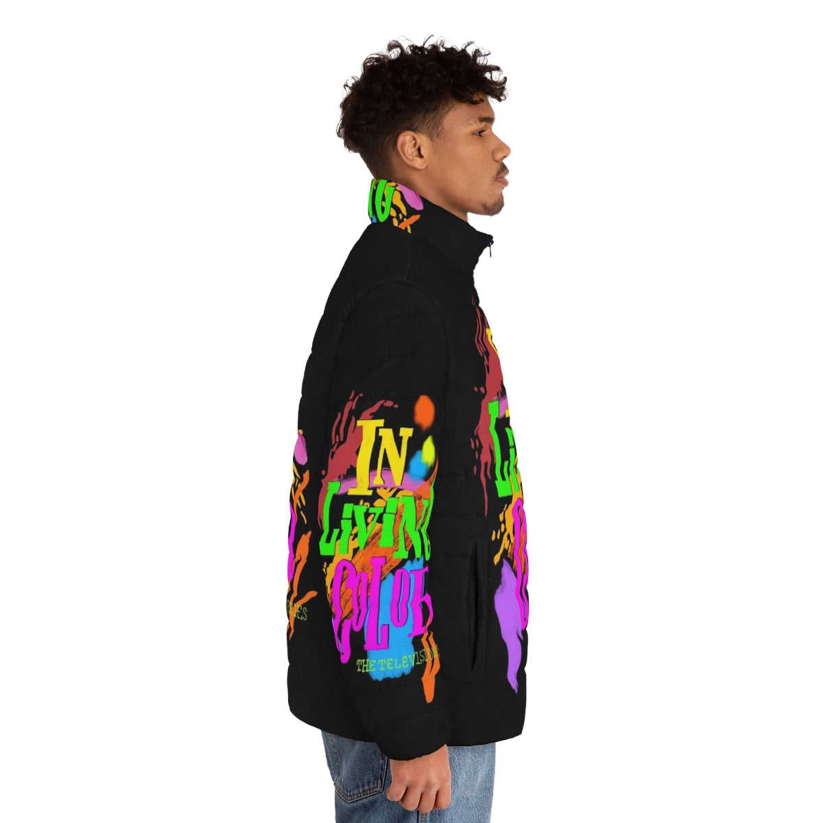 Vibrant 90's inspired puffer jacket featuring "In Living Color" branding - men side right