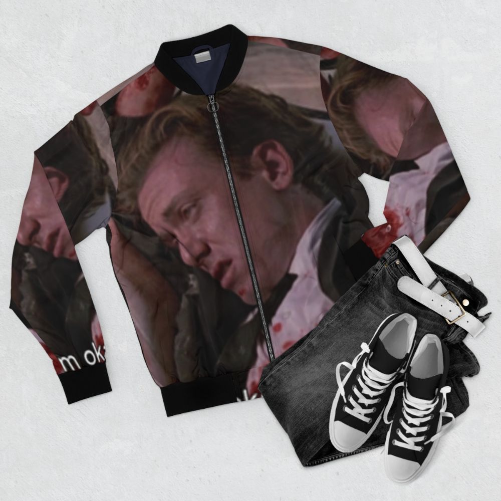 Reservoir Dogs inspired bomber jacket with iconic quotes and characters - Flat lay