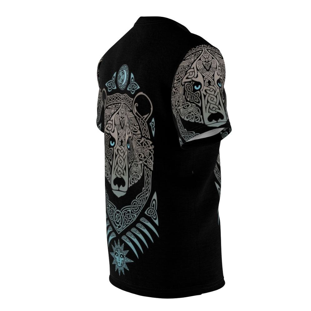 Mystical forest lord tribal t-shirt with Scandinavian mythology-inspired design featuring bears, owls, ravens, and Celtic knotwork - men right