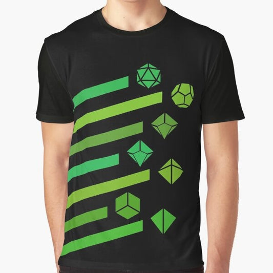 Tabletop RPG Polyhedral Dice Graphic T-Shirt featuring a design with green dice and text related to roleplaying games like Dungeons & Dragons and Call of Cthulhu.