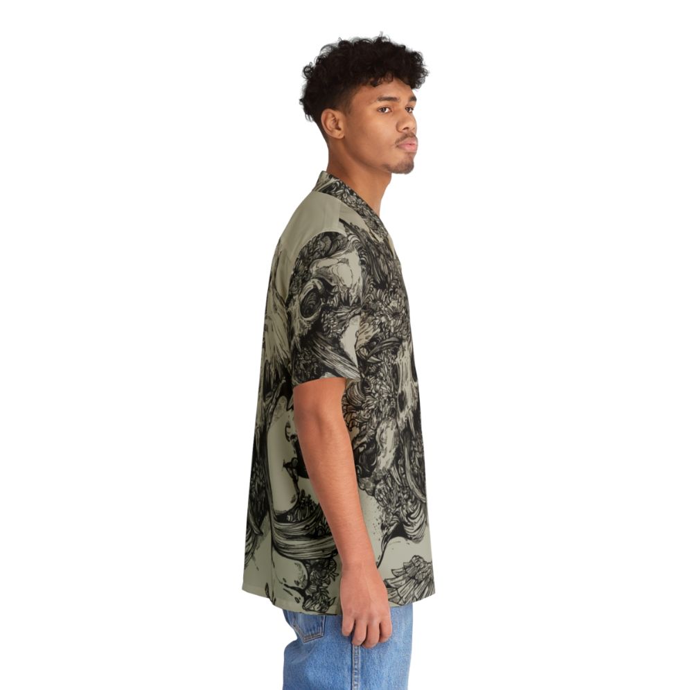 Tropical floral Hawaiian shirt with ink skull wolf antlers design - People Pight