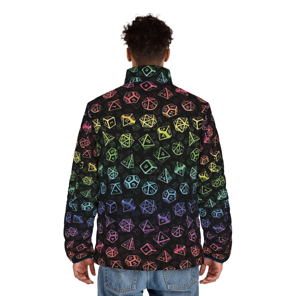 Rainbow-colored d20 dice pattern puffer jacket for tabletop RPG fans - men back