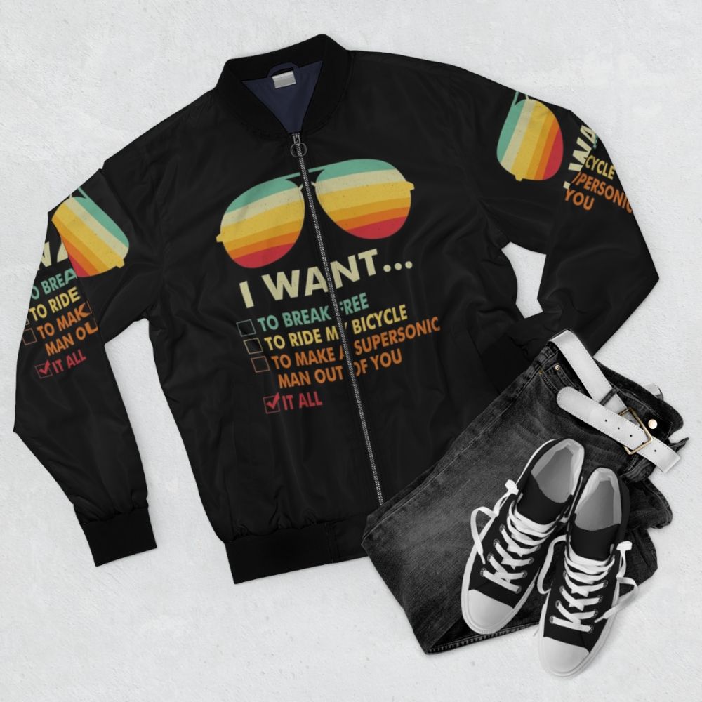 Queen I Want It All Bomber Jacket - Funny Music Lover Gift with Bicycle Costume - Flat lay