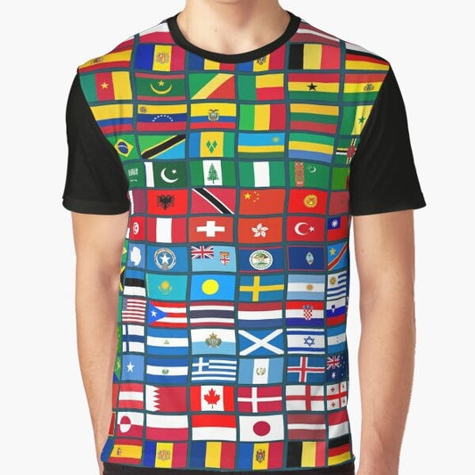 Graphic t-shirt design featuring flags of countries from around the world, perfect for geography enthusiasts and world travelers.