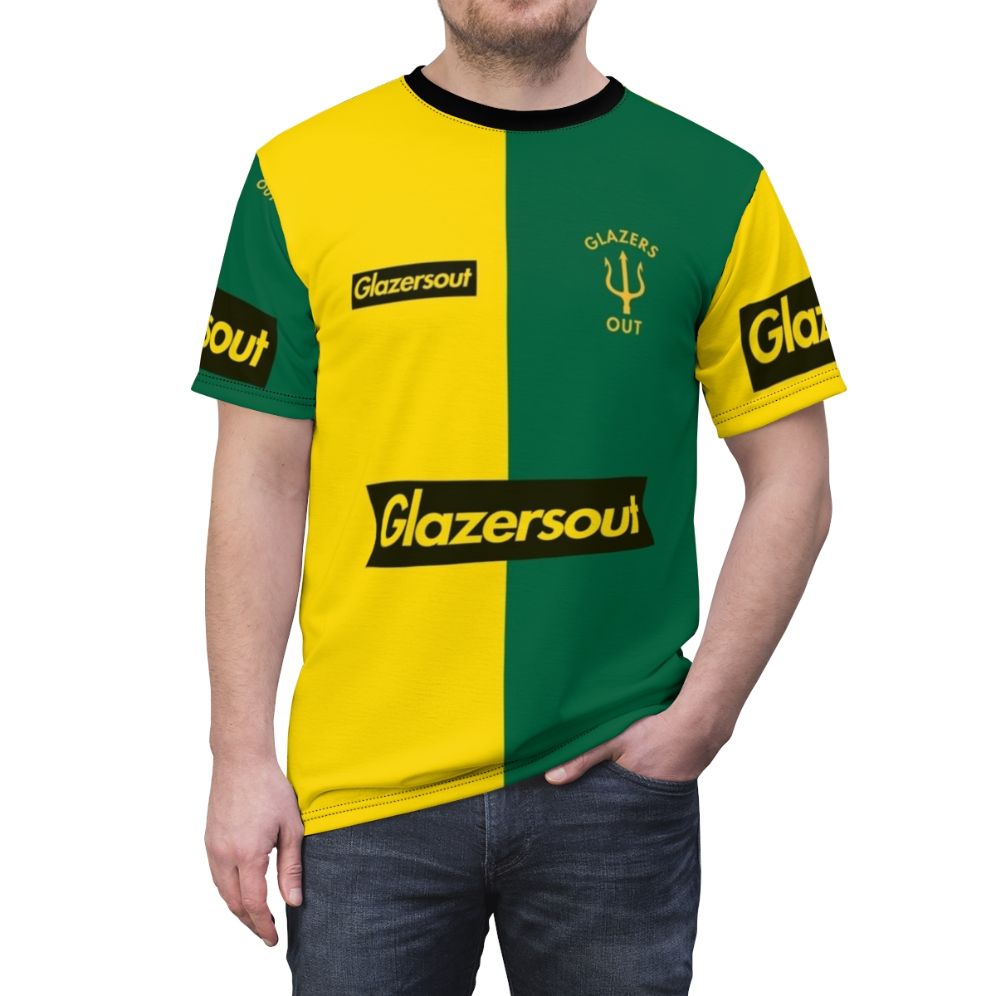 Unofficial Manchester United protest t-shirt featuring Glazers Out design in yellow and green colors. - men front