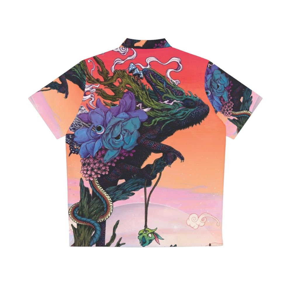 Phantasmagoria Hawaiian Shirt with surreal, psychedelic nature-inspired design featuring chameleon, flowers, and sunset colors. - Back