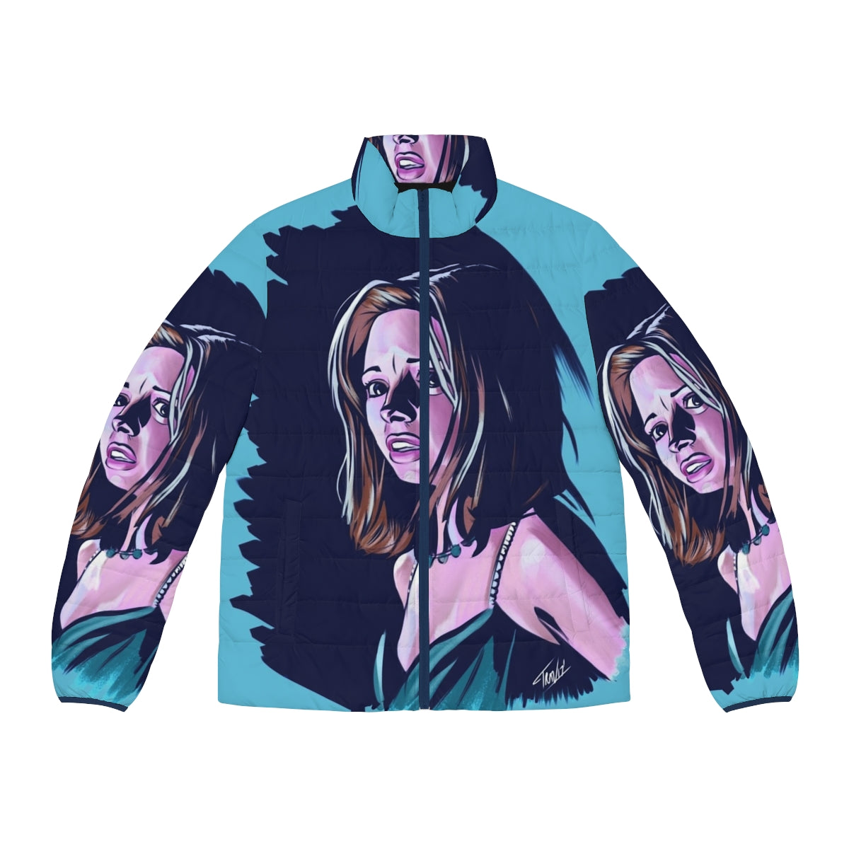 Helen Shivers horror-themed puffer jacket with slasher movie graphics