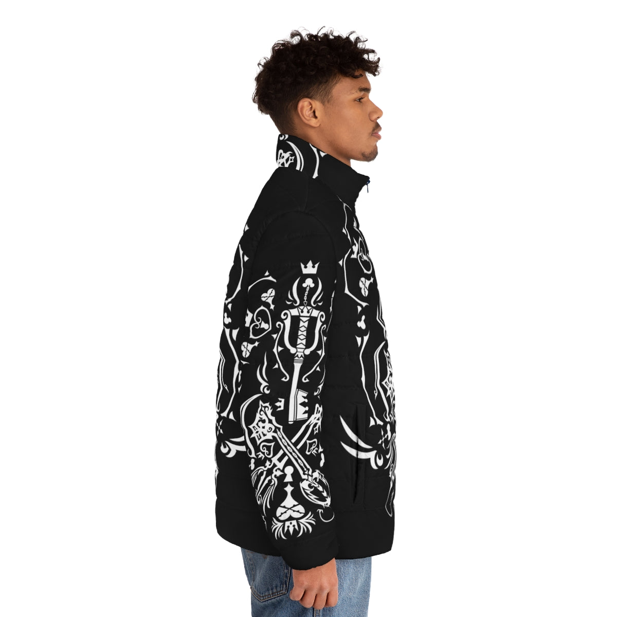 Kingdom Hearts inspired black puffer jacket with gaming and anime design - men side right