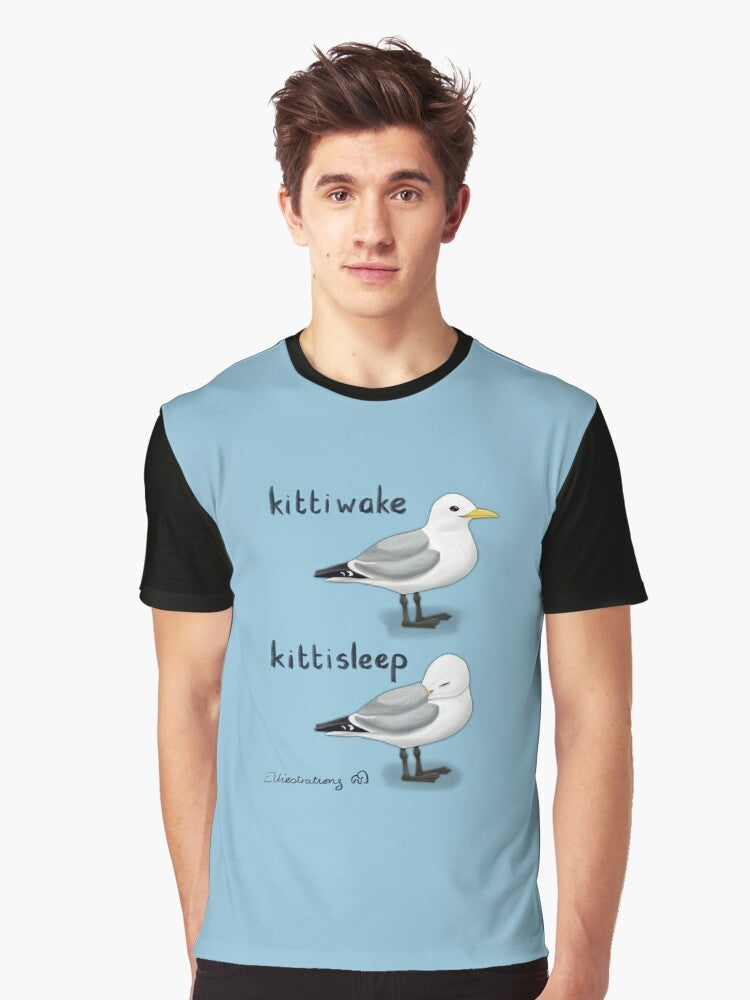 Illustration of a cute kittiwake seabird sleeping on a t-shirt - Men