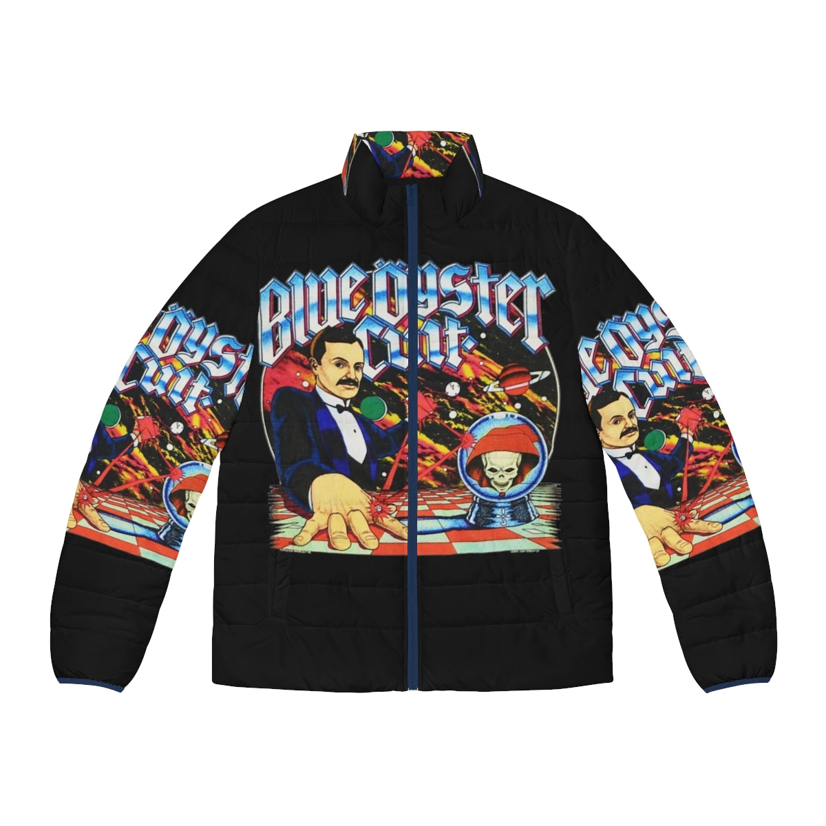 Blue Oyster Cult inspired puffer jacket featuring the iconic band logo