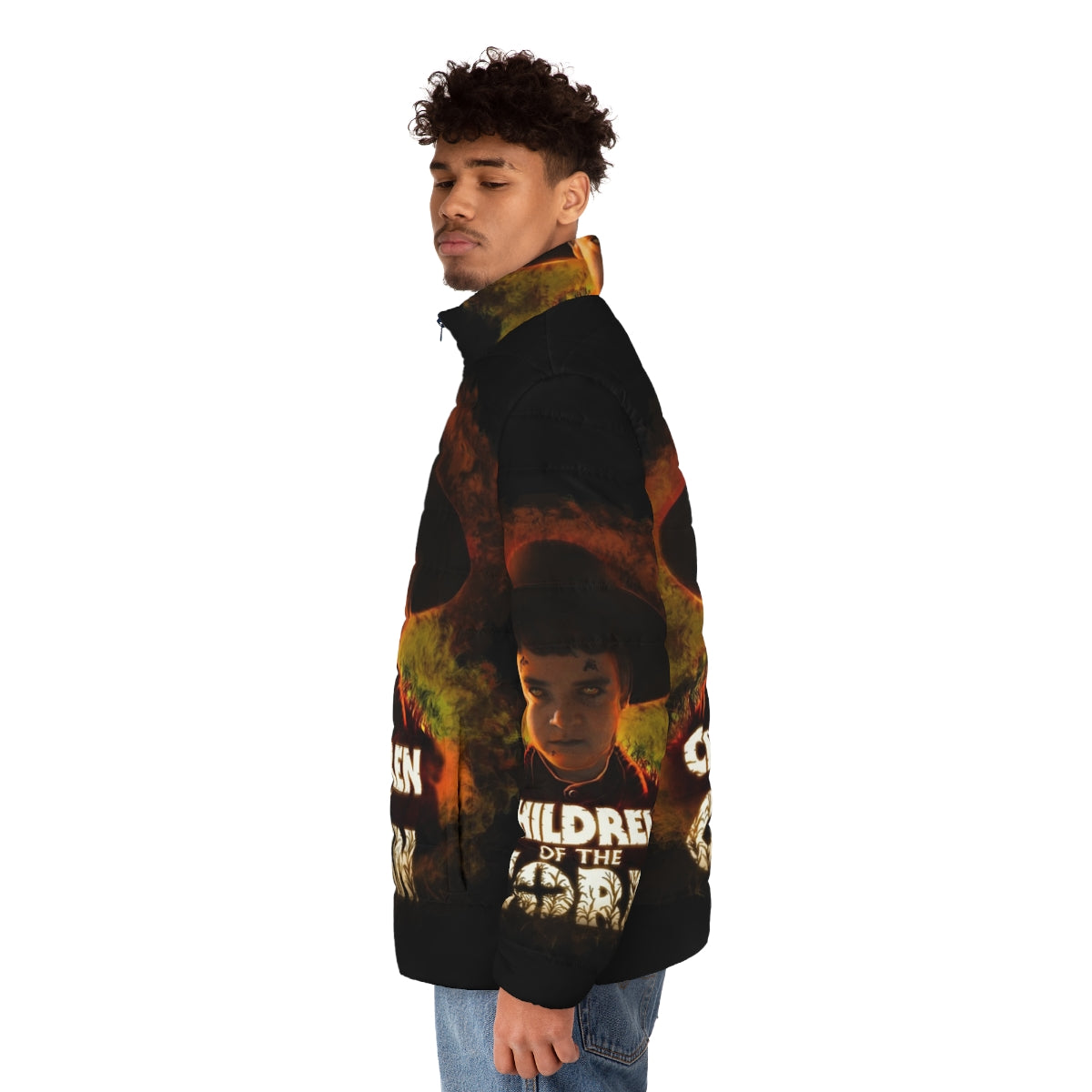 Children of the Corn puffer jacket with spooky corn field design - men side left