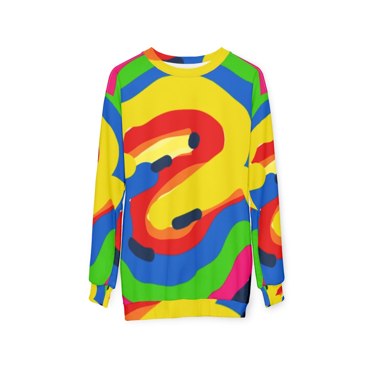 Colorful graphic sweatshirt with various patterns and designs - hanging