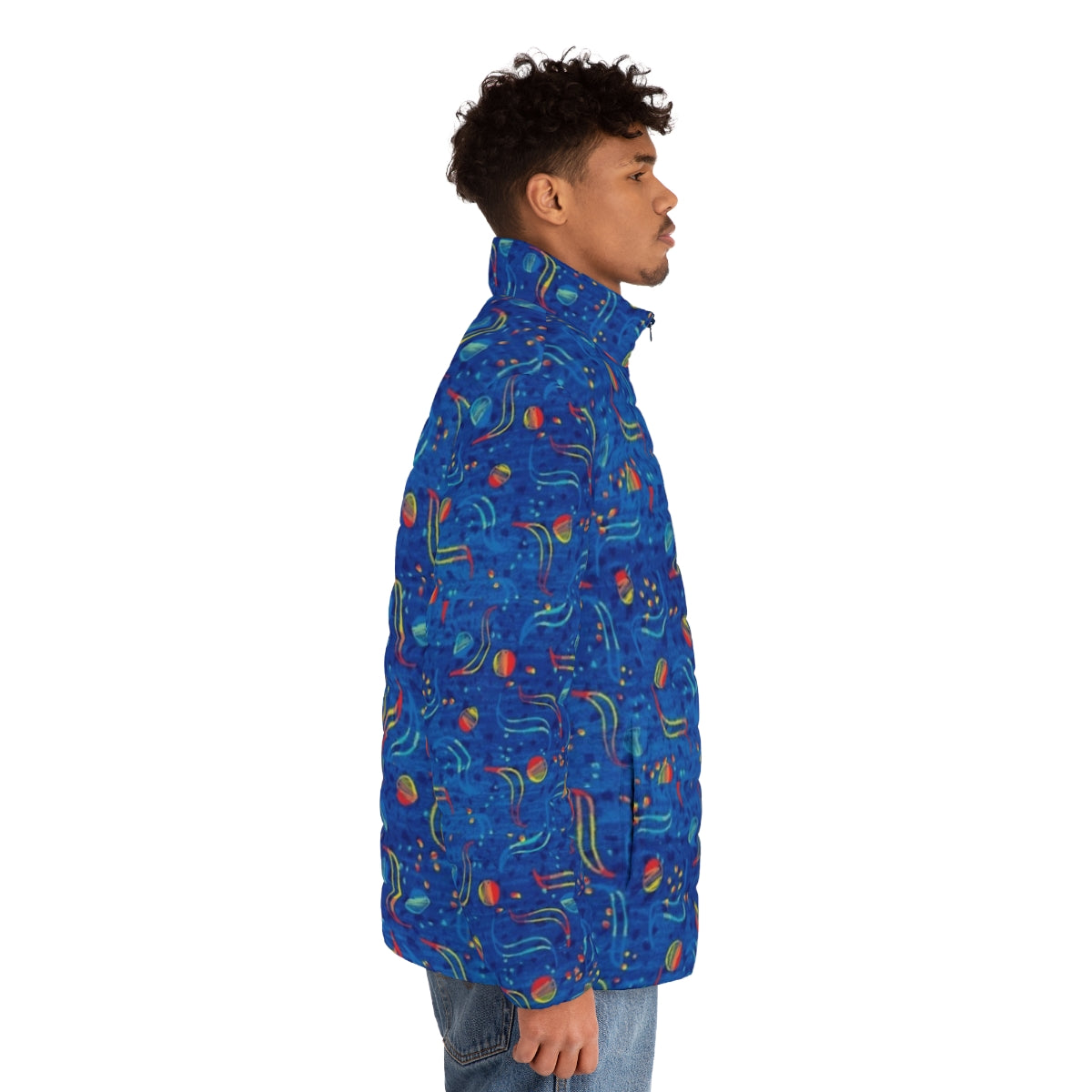 Stylish blue puffer jacket inspired by the iconic Dublin bus design - men side right