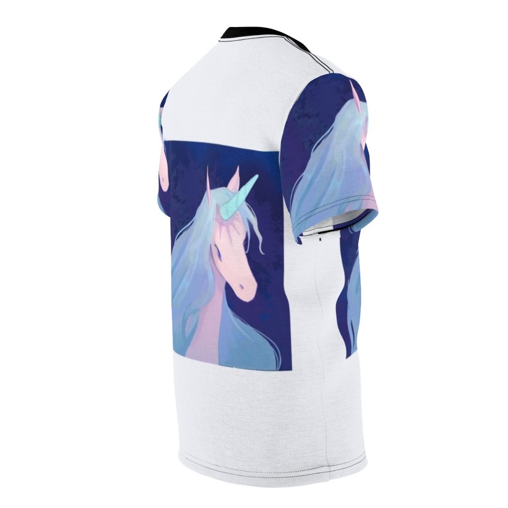 Whimsical illustration of the iconic unicorn from the classic fantasy film "The Last Unicorn" on a high-quality t-shirt. - men right