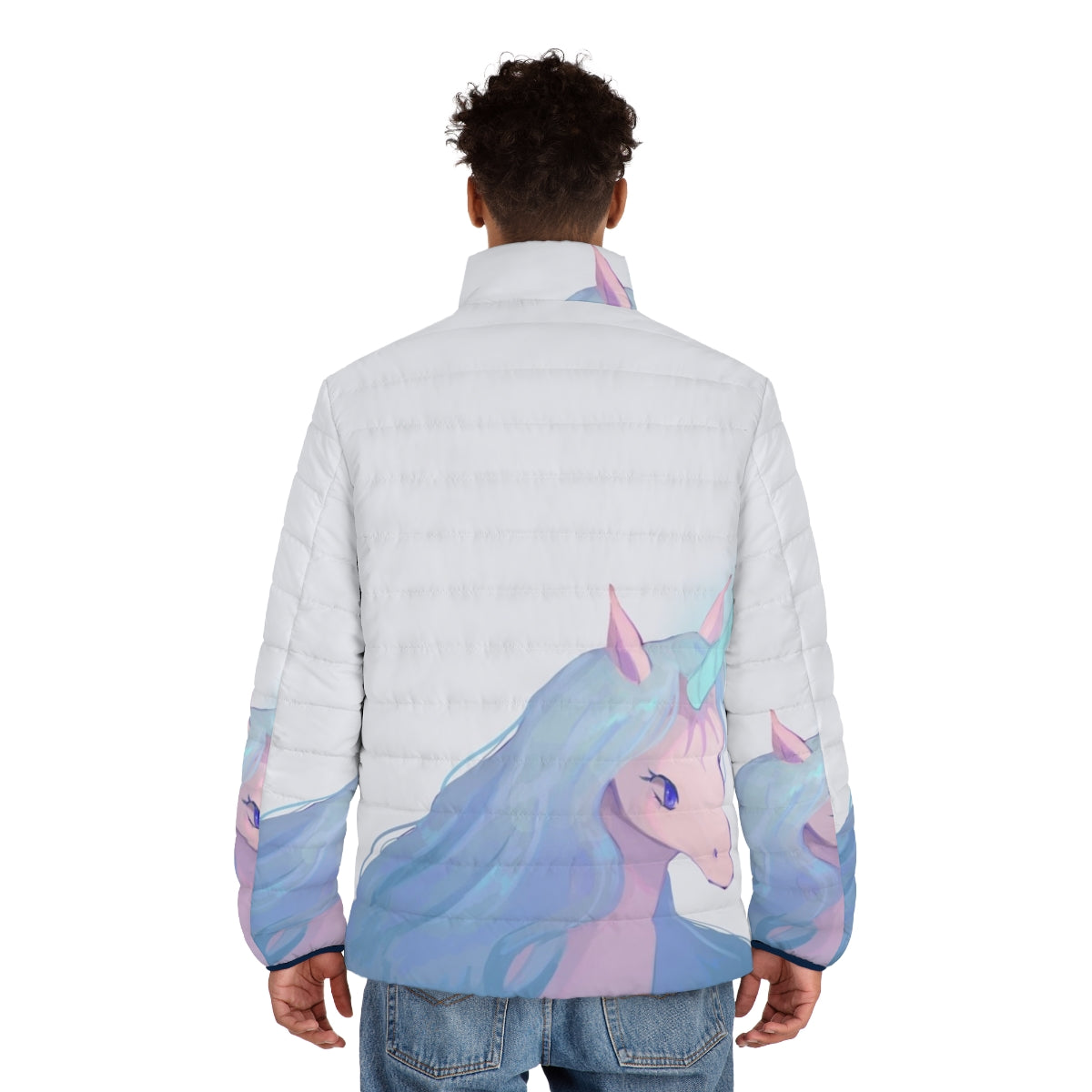 The Last Unicorn illustration printed on a puffer jacket for unicorn lovers - men back