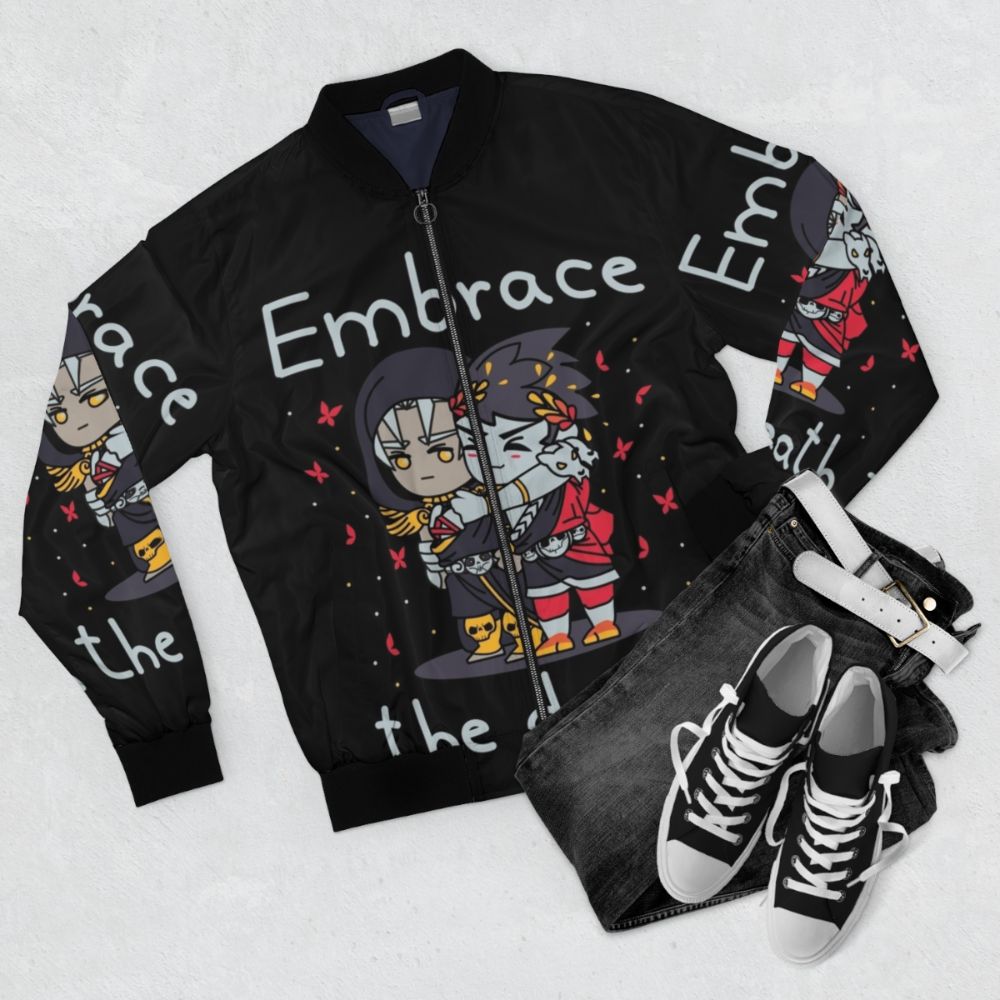 Hades Death Bomber Jacket featuring cute chibi characters from the video game Hades - Flat lay