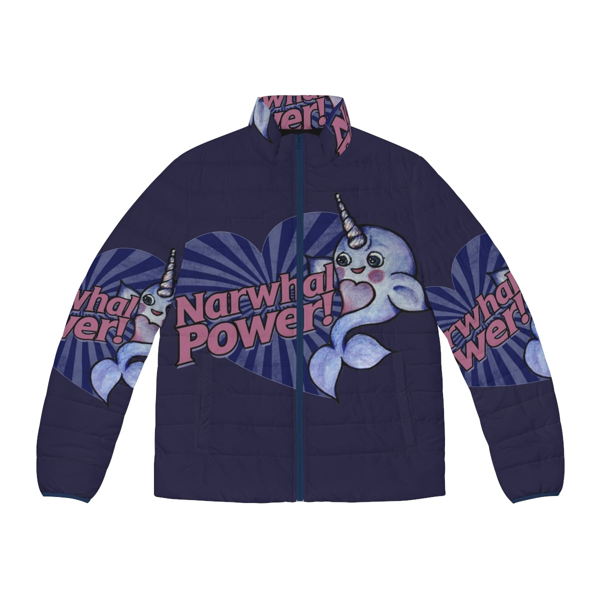 A cozy and stylish narwhal power puffer jacket in blue and purple