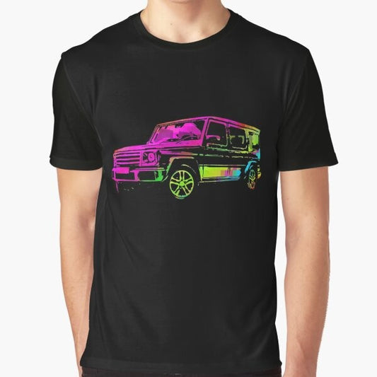 Graphic t-shirt featuring a vibrant, abstract and psychedelic design of a G-Wagon off-road luxury SUV.