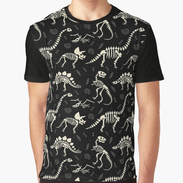 Black t-shirt with a graphic design of dinosaur fossils and bones.