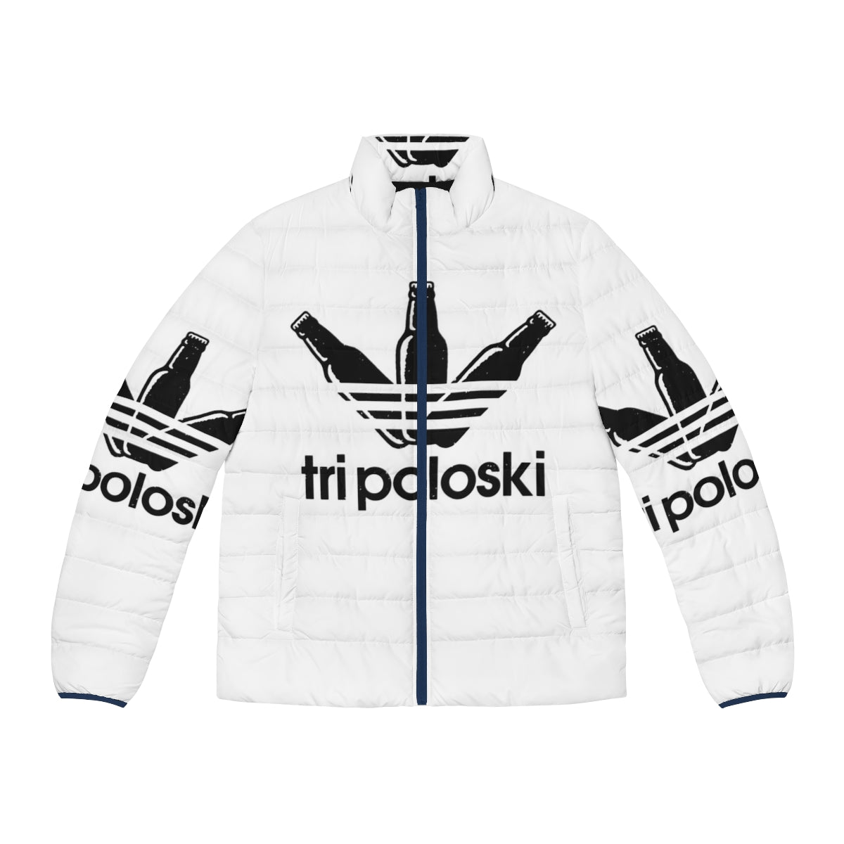 Tri Poloski Puffer Jacket featuring Slavic design and iconic three stripes