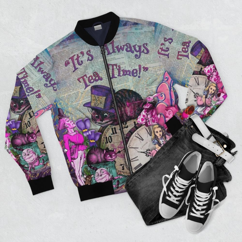 Vintage Alice in Wonderland inspired bomber jacket - Flat lay