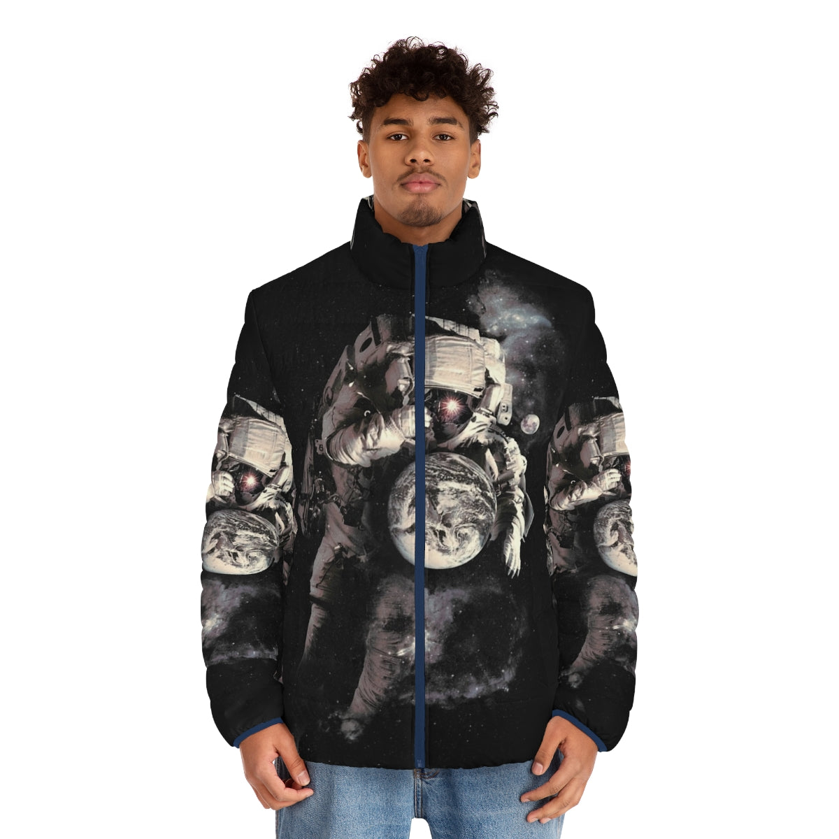 Puffer jacket with cosmic, galaxy, and space-themed design - men front