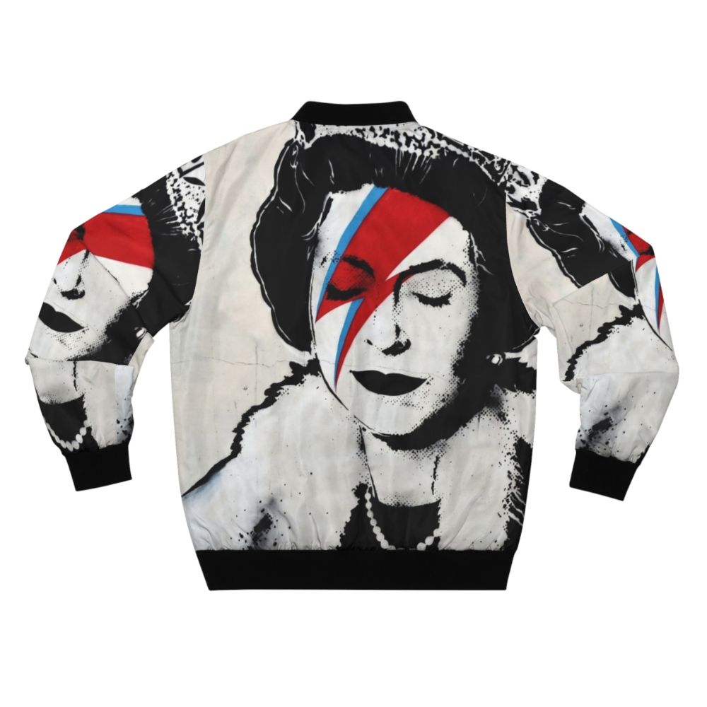 Banksy-inspired bomber jacket featuring a graffiti-style design of Queen Elizabeth II - Back