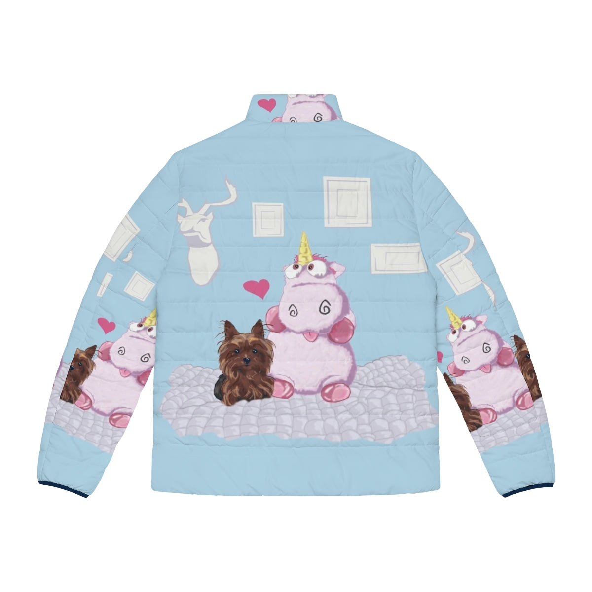 A cozy puffer jacket with a nice family portrait and a cute plush unicorn toy - Back