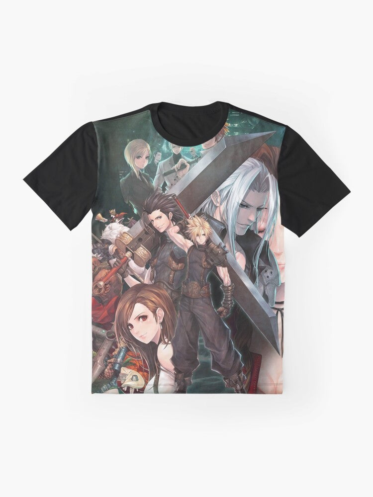 Crisis Core Final Fantasy 7 Graphic T-Shirt featuring characters Cloud, Tifa, Aerith, and Sephirot - Flat lay