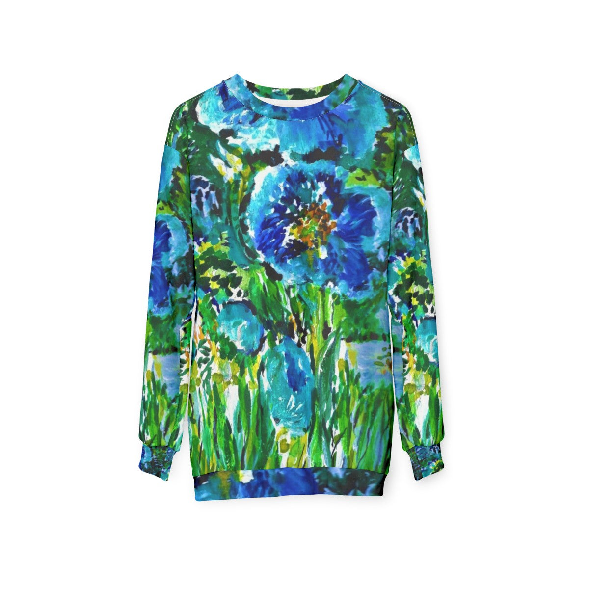 Blue poppies sweatshirt with religious art design - hanging