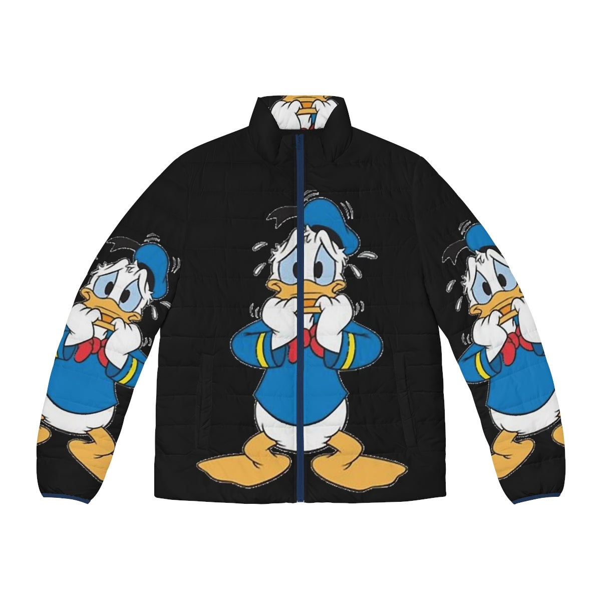 Amusing Donald Duck-inspired puffer jacket with cartoon graphics