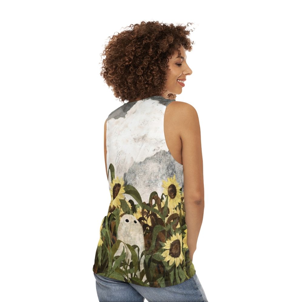 Vintage ghost in a sunflower field unisex tank top - women back