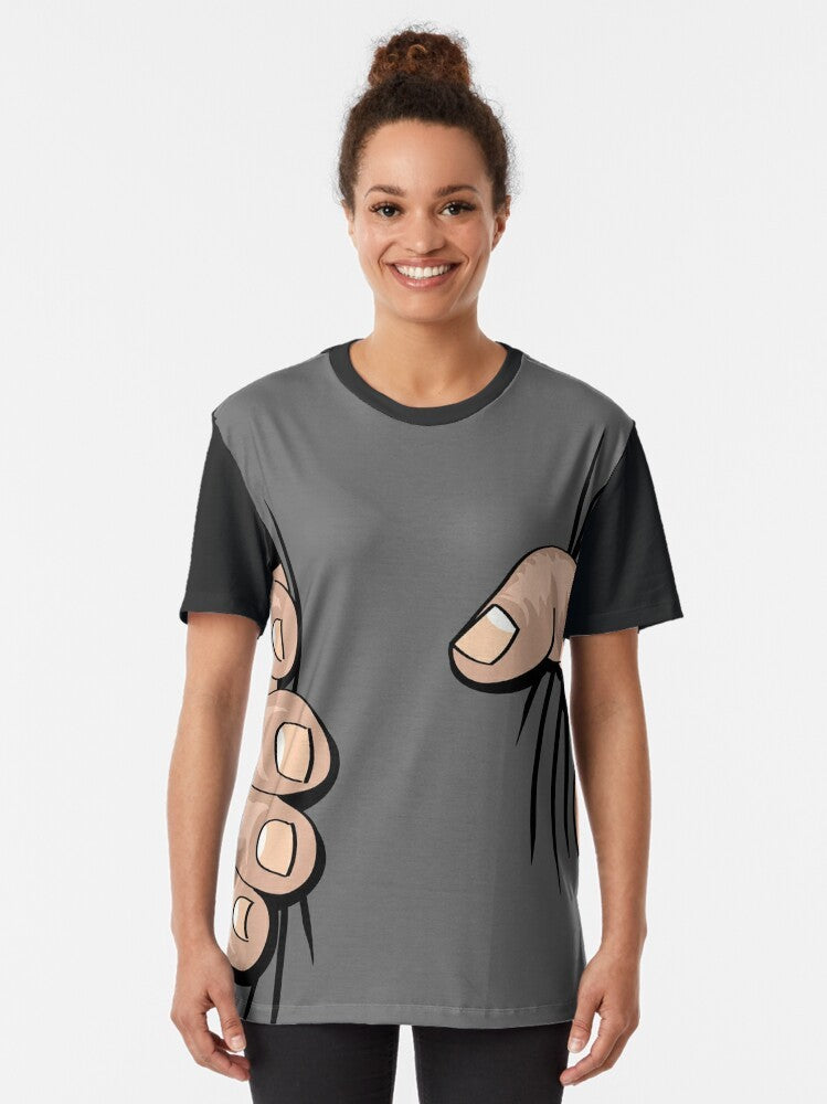 Graphic T-shirt design with a giant hand squeezing a human figure, comical and humorous. - Women