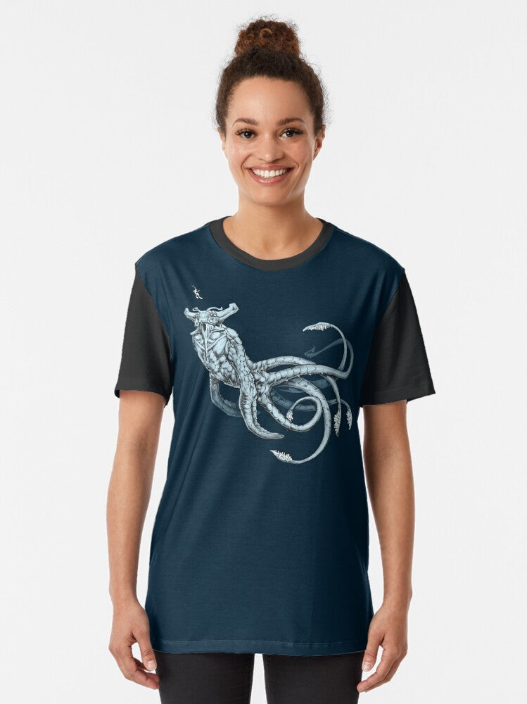 A graphic t-shirt featuring the mysterious Sea Emperor, a leviathan creature from the game Subnautica. - Women