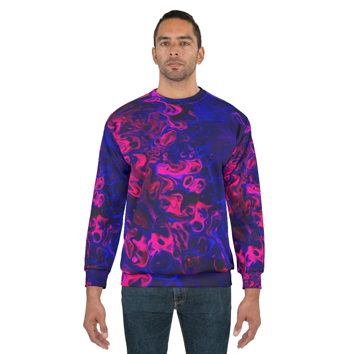 Blacklight poured acrylic sweatshirt with vibrant, energetic abstract pattern - men