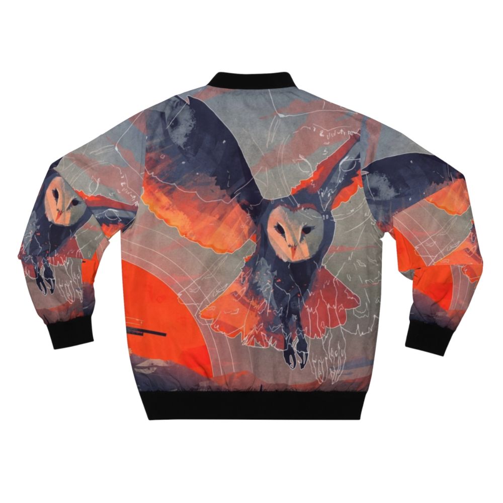 Owl Hunter Bomber Jacket featuring a sunset wildlife art design with a barn owl, talons, and mountains - Back