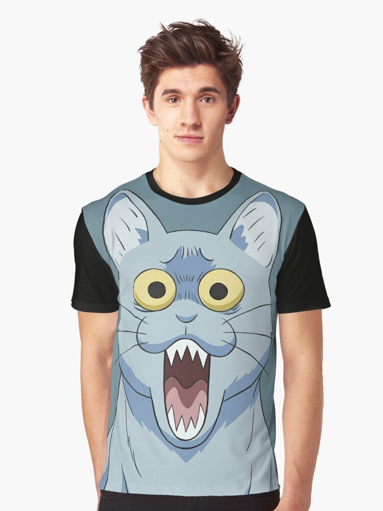 Illustration of a horrified, shocked, and surprised cat with a disgusted expression, perfect for an anime or manga-inspired t-shirt design. - Men