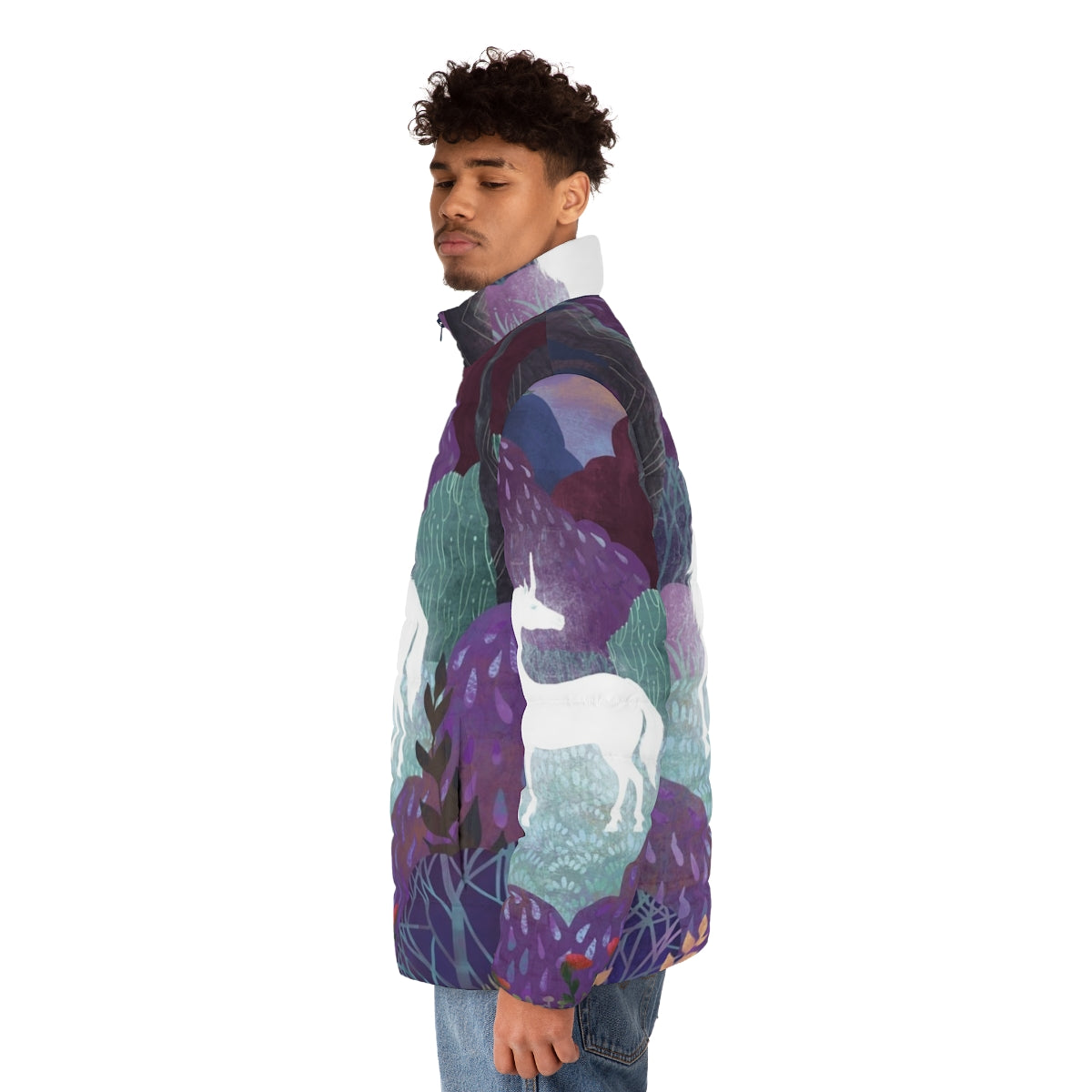 The Last Unicorn themed puffer jacket in a lavender and purple color palette - men side left