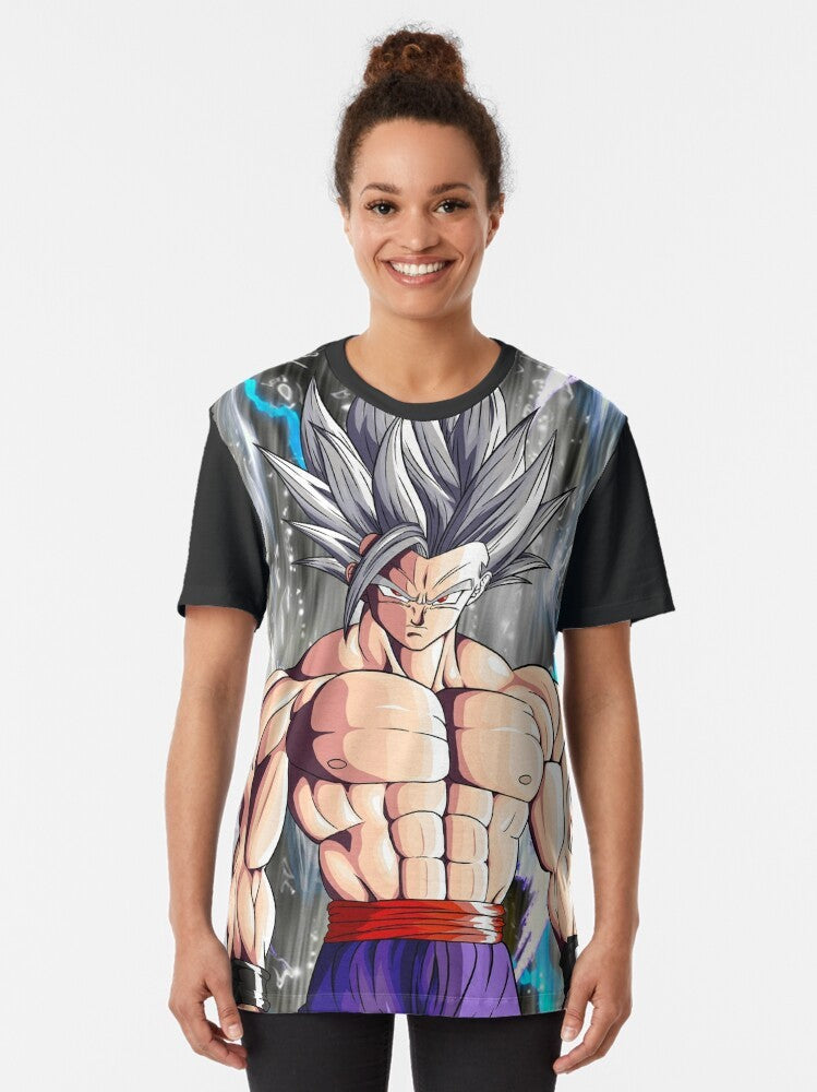 Super Saiyan Gohan from the Dragonball anime series featured on a graphic t-shirt. - Women