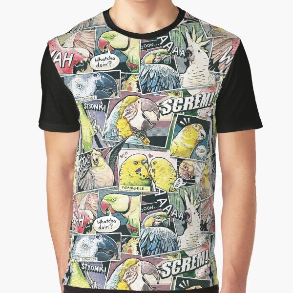 Colorful parrot graphic design on a t-shirt, featuring a comic-style illustration of a bird.